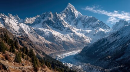 Himalayan-style Snow Peak Panorama with Jagged Ridges and Deep Valleys.Magnificent natural landscape with rocky terrain.