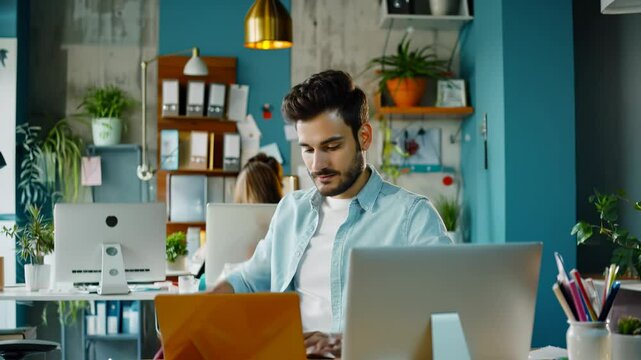 A smiling man sits at a stylish office desk with a laptop, creating a productive and welcoming work environment.
