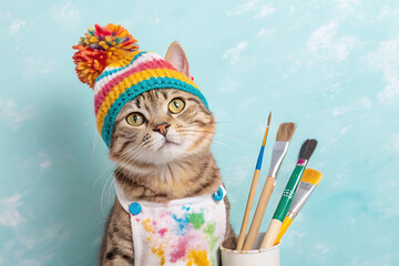 Playful Striped Cat in Colorful Hat with Paintbrushes – Whimsical Artistic Scene for Animal and Art Lovers