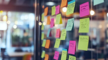 Colorful Sticky Notes on Glass Wall: Brainstorming Session