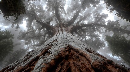 A majestic frost-covered giant sequoia tree towering in a misty forest.
