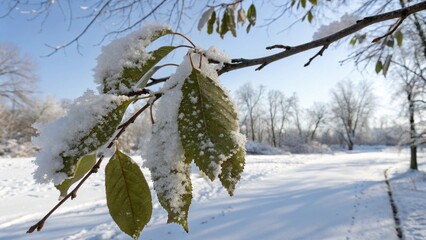 Snow covered leaves in winter scene
