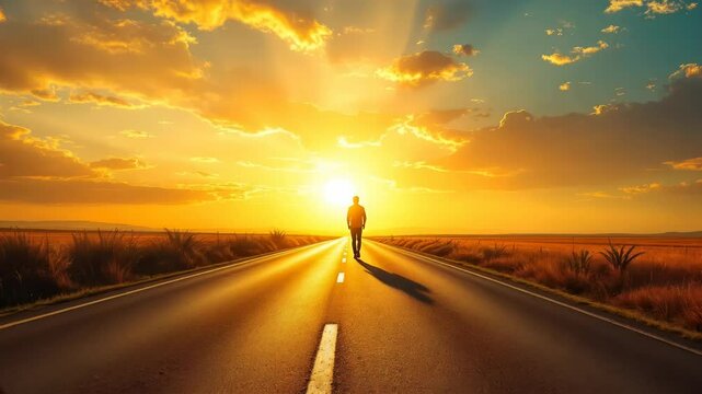 A man walks along a deserted road during a golden sunset, symbolizing freedom and self-reflection.  
