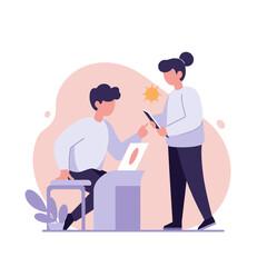 Two people discussing ideas while seated at a desk  
