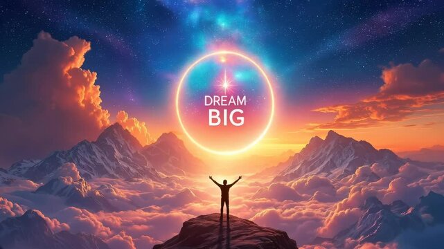 A person stands triumphantly atop a mountain, gazing at a vibrant dreamlike sky with the "Dream Big" message.  
