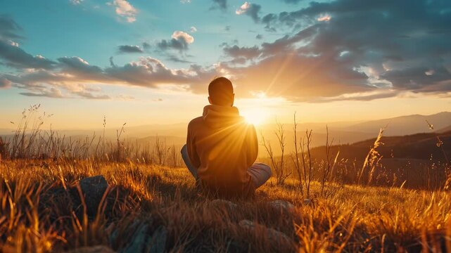 A person sits cross-legged on a mountain top, meditating while watching the beautiful sunset over the valley below.
