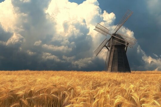 Golden wheat fields stretch beneath dramatic sky, featuring clas