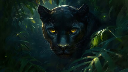 A calculating black panther hidden in deep jungle shadows, piercing yellow eyes locked on its prey, sharp focus capturing fur details, natural soft lighting