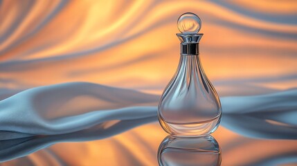 Crystal perfume bottle on silk, warm light