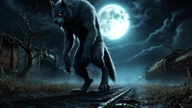 A fearsome werewolf prowls a deserted train track under a full moon, creating an eerie and supernatural scene.  

