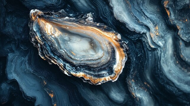 Glittering oyster shell on dark marble background, food texture, culinary art