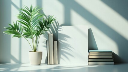 Obraz premium Minimalist composition of a plant, books and blank canvas in bright sunlight.