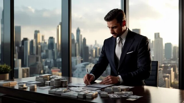 A professional businessman works diligently at a desk, organizing money stacks in a luxurious office with city views.  
