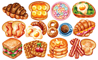 Watercolor Breakfast Clip Art Set Hand Painted Croissant Toast Egg Sandwich Pancake Waffle Sausage Cereal Coffee Illustration