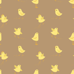 Vector seamless pattern with cute yellow chicks .Seamless pattern with little chickens on a light background . A fun summer abstract print with a domestic bird. Vector graphics.