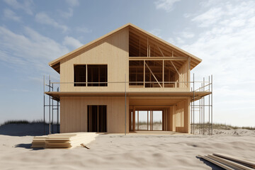 Beach House Construction: A modern wooden home under construction near the sea, with sand visible.