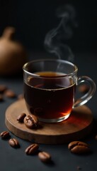 Dark roasted coffee, specialty grade, crystal cup, isolated, moody aesthetic , coffee art, coffee beans