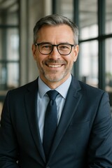 Fototapeta premium Confident Business Executive Smiling in Modern Office Environment