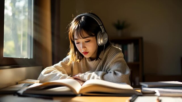 A focused young woman listens to music and studies at a desk in a cozy room, with natural light streaming in.  
