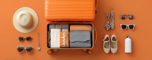 vibrant orange suitcase is open, revealing neatly packed clothes and accessories, surrounded by sunglasses, hat, and shoes