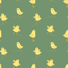 Vector seamless pattern with cute yellow chicks. Seamless pattern with little chickens on a green background . A fun summer abstract print with a domestic bird. Vector graphics.