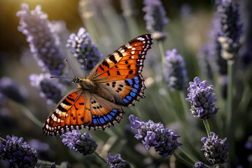 Obraz premium A vibrant butterfly with intricate orange, white, and black wing patterns gracefully perched on a purple lavender flower. Set against a blurred green background.