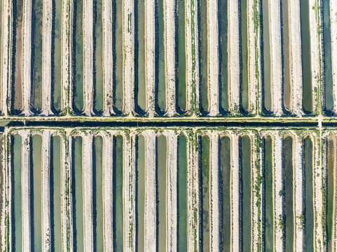 Aerial view of beautiful salt works with geometric patterns and rows of water, Isla Cristina, Huelva, Spain.