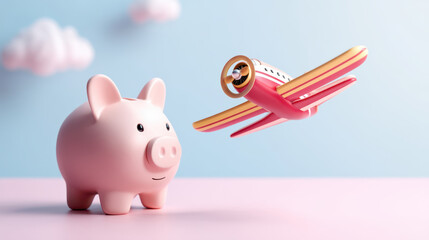cheerful piggy bank and colorful toy airplane create playful scene, symbolizing savings and adventure