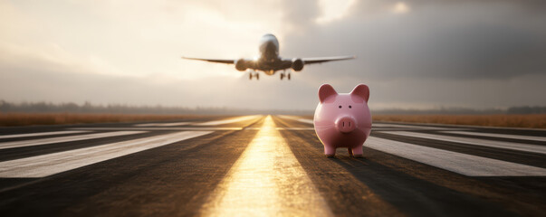 piggy bank on runway symbolizes saving for travel, with airplane approaching in background, evoking dreams of adventure