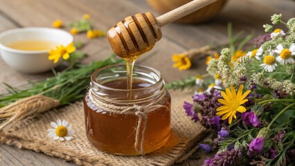 Honey dipper with golden honey dripping into a jar, with wildflowers and herbs nearby