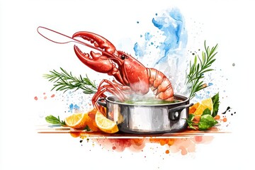 Cooking lobster delicacy coastal kitchen food art vibrant environment aerial view culinary experience
