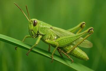 Close-Up of a Green Grasshopper on a Blade of Grass