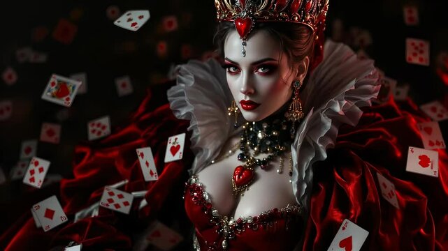 A dramatic image of a woman dressed as the Queen of Hearts, surrounded by flying playing cards, exuding power and elegance.  
