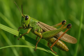 Detailed Close-Up of a Green Grasshopper on a Blade of Grass