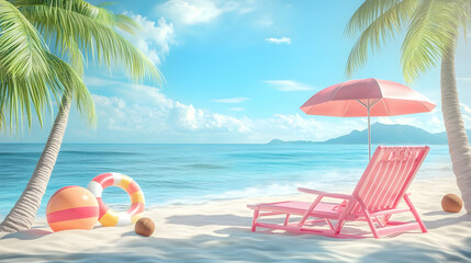 Tropical beach scene with pink lounge chair and umbrella under palm trees