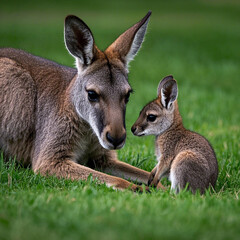 Fototapeta premium Mother Kangaroo and Baby Moment in the Natural Outdoors, AI Generator.