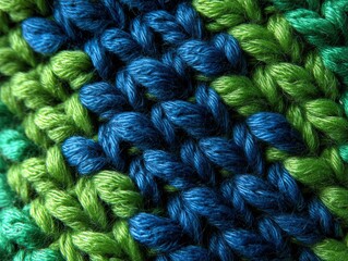 A macro view of a vibrant hand-knitted fabric, showcasing a rich interplay of colors and textures in stunning detail.