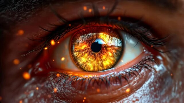 A close-up of a human eye, featuring a stunning reflection of a fiery landscape inside the iris.  
