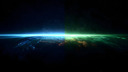 Obraz premium Earth Hour abstract background. Featuring deep blacks, blues, and greens. Highlighting sustainability, unity, and awareness. Ideal for environmental campaigns and events