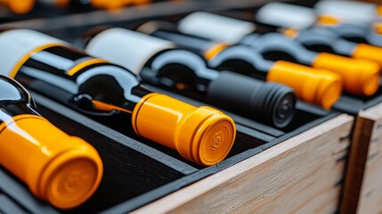 A collection of wine bottles with vibrant orange caps arranged in a wooden crate