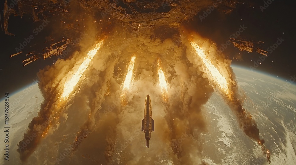 Poster spaceship exploding above earth: a fiery cosmic catastrophe