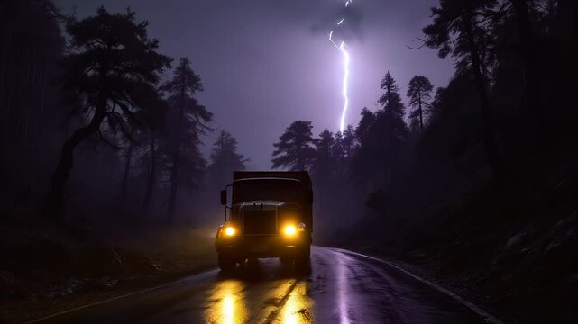 A truck drives along a rain-soaked forest road, illuminated by lightning in a dark and ominous atmosphere.  
