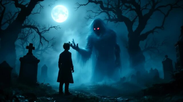 A young boy faces a looming ghost with glowing red eyes in a foggy graveyard under a full moon.  
