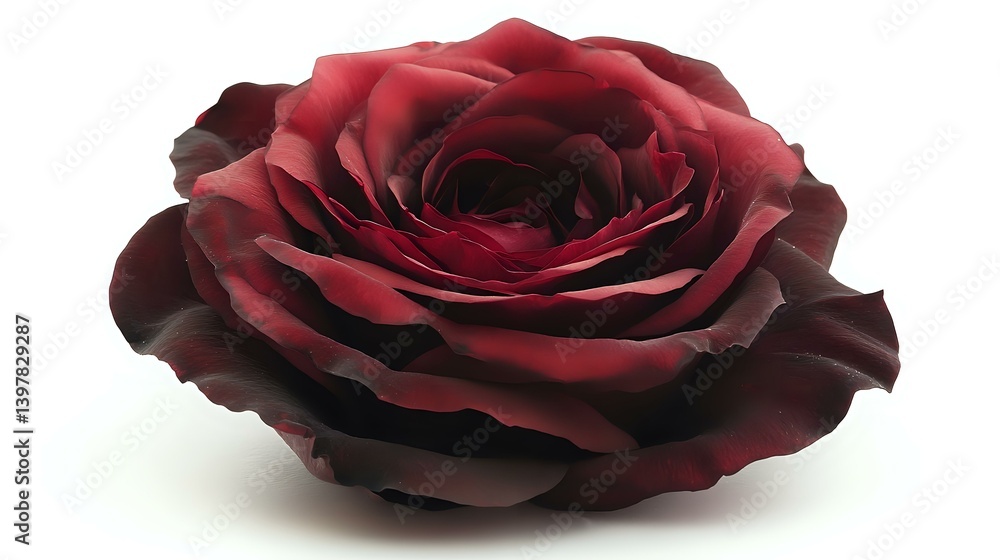 Poster a fully open red rose with deep hues, delicate petals in high resolution, natural light emphasizing 