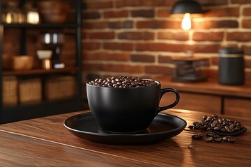 Obraz premium Coffee beans overflow a black mug on wooden table, brick wall background