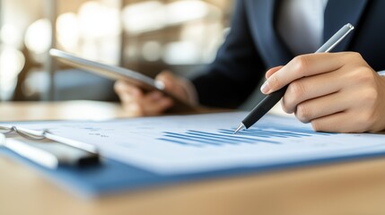 Business professional analyzing market data with pen and tablet in modern office