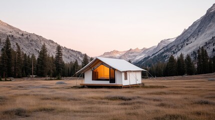 Modern, minimalist cabin nestled in a mountain valley at dawn