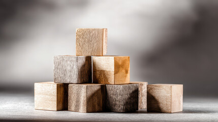 Wooden blocks stacked creative arrangement, showcasing natural textures and warm tones, evoking sense of playfulness and