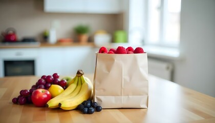 A paper bag full of raspberries and other fruits like bananas, grapes, pears,a nd apples on a wooden table in a kitchen