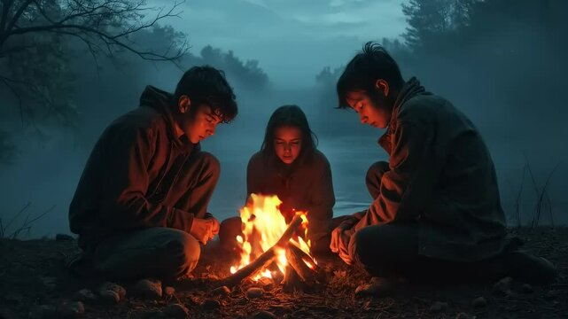 Three children gather around a campfire on a misty evening in the woods, sharing an intimate moment in nature.  
